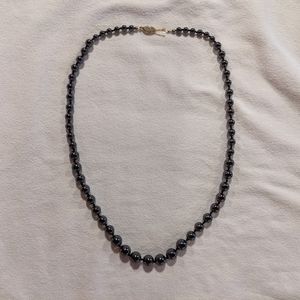 Vintage 1970s Graduated and Hand Knotted Hematite Round Classic Bead Neckalce